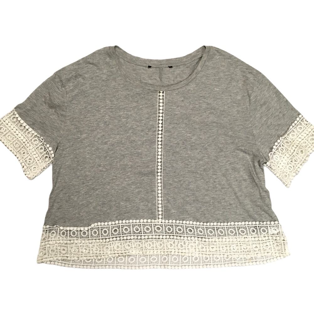 Forever 21 Crop Top Grey Crochet Lace Trim Short Sleeve‎ Shirt Cotton Modal